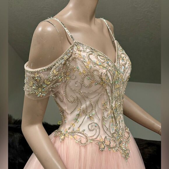 Gorgeous Blush Pink Princess Style Embellished Off-shoulder Tulle Ballgown - Picture 6 of 17